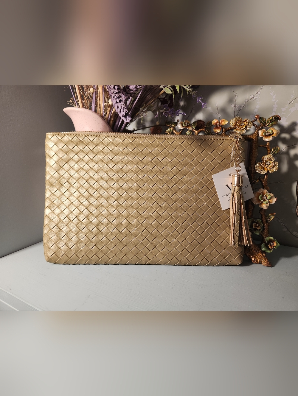 Virginia Wolf Mimi Began Leather Gold Woven Tassel Zip Clutch 11x7 New